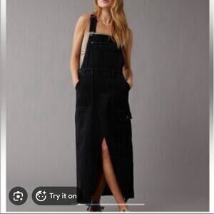 American Eagle Denim Overall Maxi Dress Size Small Cargo Pockets Minimalist